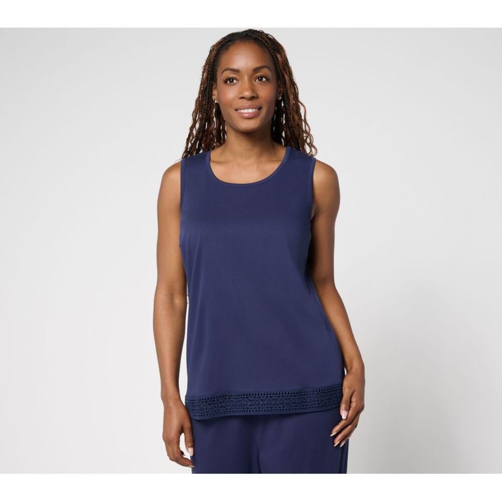 Denim & Co. Women's Top Plus Sz 1X Scoop Neck Tank_with Crochet Trim Blue